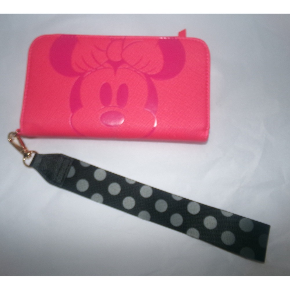 Disney Minnie Mouse Hot Pink Wristlet Wallet Saffiano Faux Leather Polka Dot